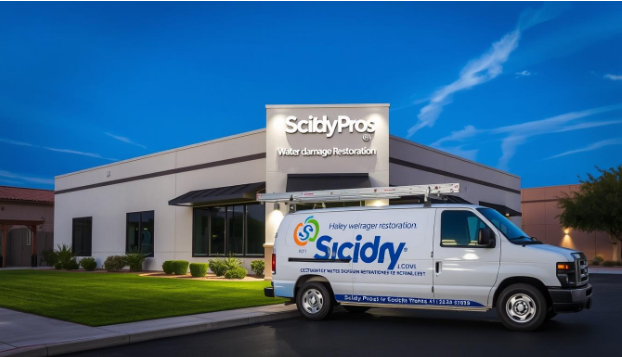Comprehensive cleaning and sanitizing process during commercial water damage restoration by Scidry Pros.