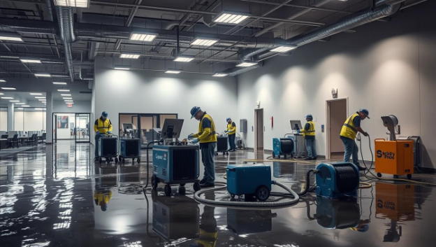 Comprehensive cleaning and sanitizing process during commercial water damage restoration by Scidry Pros.